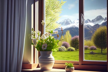 beautiful spring view from window Generetad AI