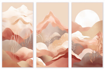 Watercolor abstract terracotta landscape mountains poster with pastel color. Generative ai illustration. blush pink, ivory, red colors.