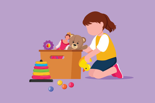 Cartoon Flat Style Drawing Pretty Little Girl Putting Her Toys Into Box. Active Kids Doing Housework Chores At Home Concept. Smiling Child Storing Her Toys In Box. Graphic Design Vector Illustration