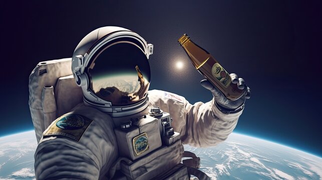 An astronaut sits on a chair and basks under the rays of a bright star while drinking beer, the concept of travel and lifestyle of an astronaut on another planet Generated AI