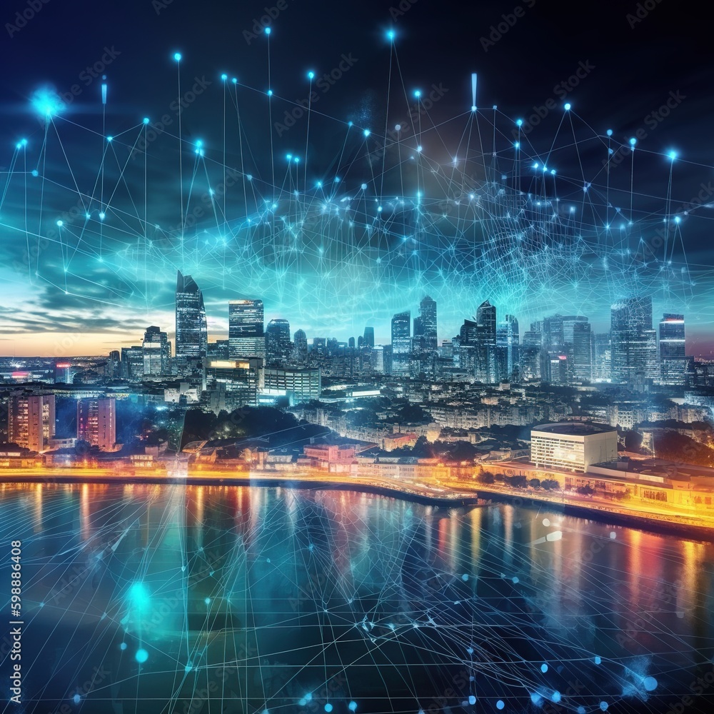 Poster smart city with cityscape and wireless network connection.the notion of massive data connection tech
