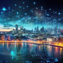 Fototapeta premium Smart city with cityscape and wireless network connection.The notion of massive data connection technology.Concept of wireless network and connection technologies. generative ai