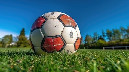 Obraz premium Ball for soccer on greengrass. Wide angle Generative AI
