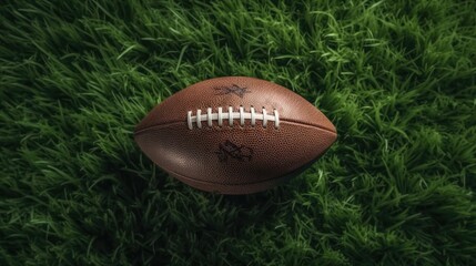 Ball for American football on fresh green field grass Generative AI