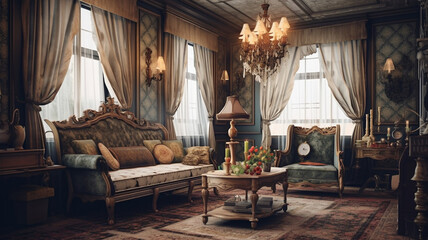 luxury vintage living room, house interior, victorian style, ai generative - obrazy, fototapety, plakaty