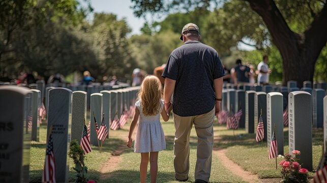 back view of father holding holding his daughter's hand in a cemetery with American flags, Veterans Day, Generative AI
