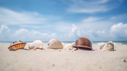 Fototapeta na wymiar beautiful sea shells on the seashore. Generative Ai