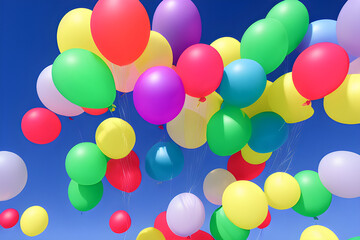 Multicolored balloons levitate in the air on a blue sky background. generative AI