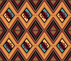 Ethnic folk geometric seamless pattern in red and yellow in vector illustration design for fabric, mat, carpet, scarf, wrapping paper, tile and more