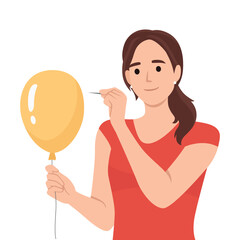 Young woman pierces balloon with needle and looks forward smiling. Teenager girl in casual clothes wanting to scare someone wants to burst red inflatable balloon.