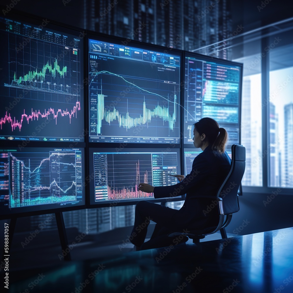 Poster businessperson using a laptop and a graph monitor. generative ai
