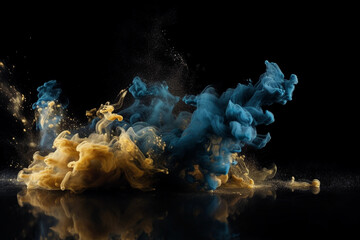 3D glitter mist fluid splash metallic golden blue color shimmering glowing dust particles vapor cloud floating on dark black abstract background made with Generative AI