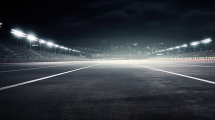 Fototapeta na wymiar Asphalt racing track finish line and illuminated race sport stadium at night. Generative Ai