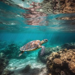 Obraz premium Turtle Swimming In The Clear Water Of A Tropical Sea. generative AI