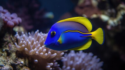 Fototapeta na wymiar Blue tang in ocean corals in clear blue water Generative AI