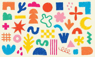 Big set of hand drawn various shapes and doodles pattern design elements. Abstract contemporary modern vector illustration in color pencil style.