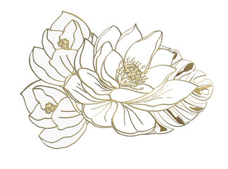 Golden outline of lotus and tropical flowers. Bouquet for design. Asian golden lotus, yoga flower blooming art elements. Indian flower, oriental exotic plants vector.  Generative AI