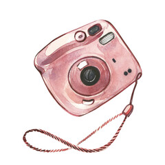 Compact pink instant photo camera isolated on white background. Watercolor handrawn illustration. Art for fashion design