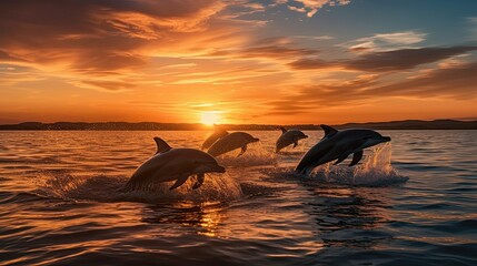 Fototapeta premium Dolphins jumping on sunset background Generative AI