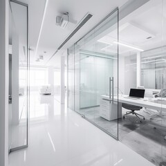 Interior of a white and glass workplace. generative AI