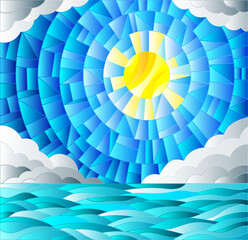 Illustration in stained glass style with sea landscape, sea, cloud, sky and sun