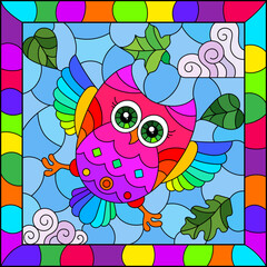 An illustration in the style of a stained glass window with bright cartoon owl on a background of blue sky and leaves, in a bright frame