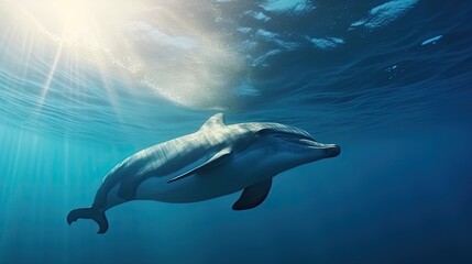 Obraz premium dolphin underwater on blue ocean background Generative AI