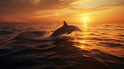 Dolphins jumping on sunset background Generative AI