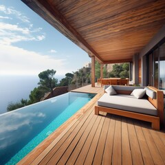 Beachside luxury pool with white fashionable lounge seats.. generative AI - obrazy, fototapety, plakaty