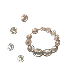 Baroque pearls and jewelry bracelet isolated on white background. Watercolor hand drawing illustration. Art for design
