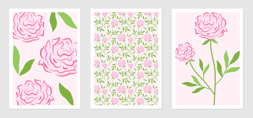 Poster set with pink peonies. Floral vector illustration of roses on twigs with green leaves. Botanical drawing for interior design. Background with vintage flowers.