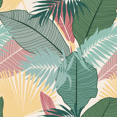 Tropical pattern with palm, banana, strelitzia leaves on baige yellow background. Hawaiian style. Seamless pattern with colorful leaves and plants.  - 598888221