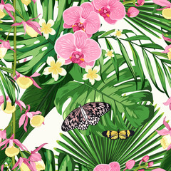Tropical seamless vector floral pattern, spring summer background with pink orchid flowers, palm leaves, jungle leaf, butterfly. Exotic wallpaper, Hawaiian style - 598888253