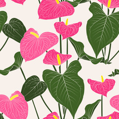 Anthurium or flamingo flower background. Seamless floral pattern with pink glossy flowers and anthurium leaves. 