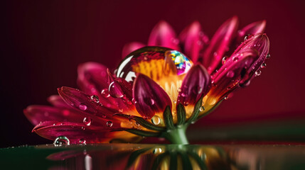 Blume mit Tau und Spiegelung im Tautropfen - Makro Stil