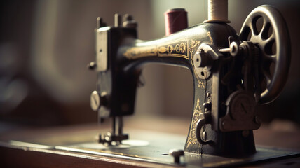 Classic retro style manual sewing machine ready for sewing work. Generative Ai