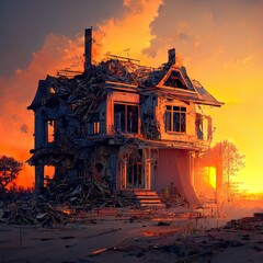 Destroyed House at Sunset