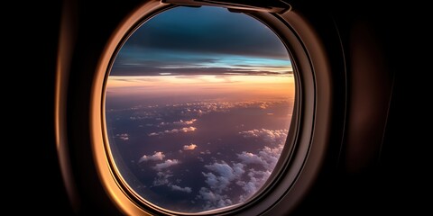 Naklejka premium AI Generated. AI Generative. Photo realistic illustration of clouds above sky up in the air view through the air plane aircraft window. Adventure travel vacation vibe. Graphic Art