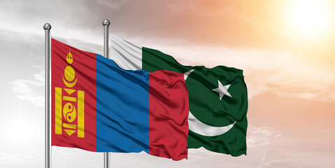 Flags of Pakistan and Mongolia friendship flag waving on the sky with beautiful Background.