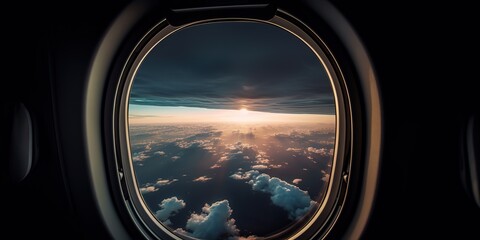 AI Generated. AI Generative. Photo realistic illustration of clouds above sky up in the air view through the air plane aircraft window. Adventure travel vacation vibe. Graphic Art