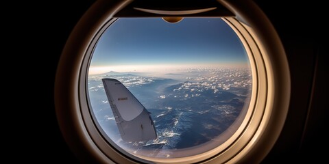 Fototapeta premium AI Generated. AI Generative. Photo realistic illustration of clouds above sky up in the air view through the air plane aircraft window. Adventure travel vacation vibe. Graphic Art