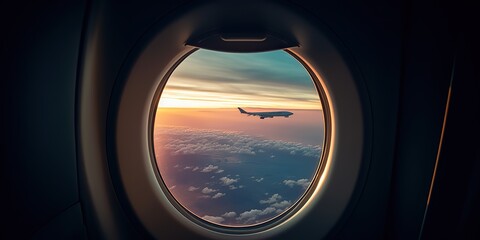 Fototapeta premium AI Generated. AI Generative. Photo realistic illustration of clouds above sky up in the air view through the air plane aircraft window. Adventure travel vacation vibe. Graphic Art