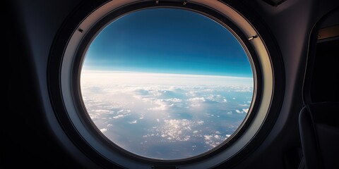 Fototapeta premium AI Generated. AI Generative. Photo realistic illustration of clouds above sky up in the air view through the air plane aircraft window. Adventure travel vacation vibe. Graphic Art