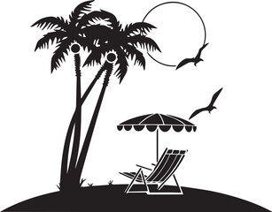 Summer landscape of palm trees, sun beds, beach umbrella, vector Illustration, SVG
