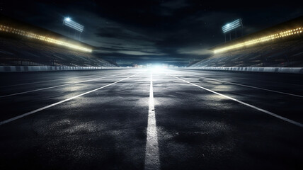Asphalt racing track finish line and illuminated race sport stadium at night. Generative Ai
