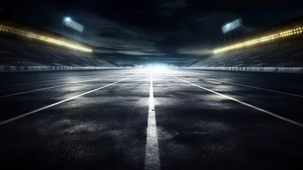 Cercles muraux F1 Asphalt racing track finish line and illuminated race sport stadium at night. Generative Ai