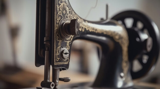 Classic retro style manual sewing machine ready for sewing work. Generative Ai