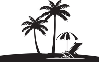 Summer landscape of palm trees, sun beds, beach umbrella, vector Illustration, SVG