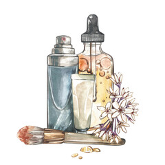 Makeup brush, cream, oil bottle isolated on white background. Watercolor hand drawn illustration. Art for fashion design - 598889441