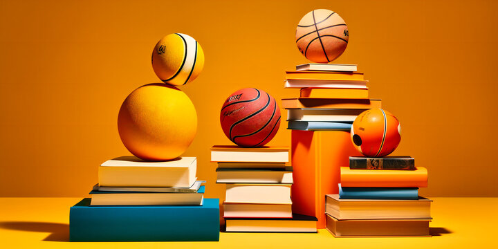the sports themed book stack includes a basketball on a table